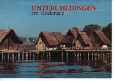 Ansichtskarte Pfahlbauten Unteruhldingen mit Kloster Birnau am Bodensee